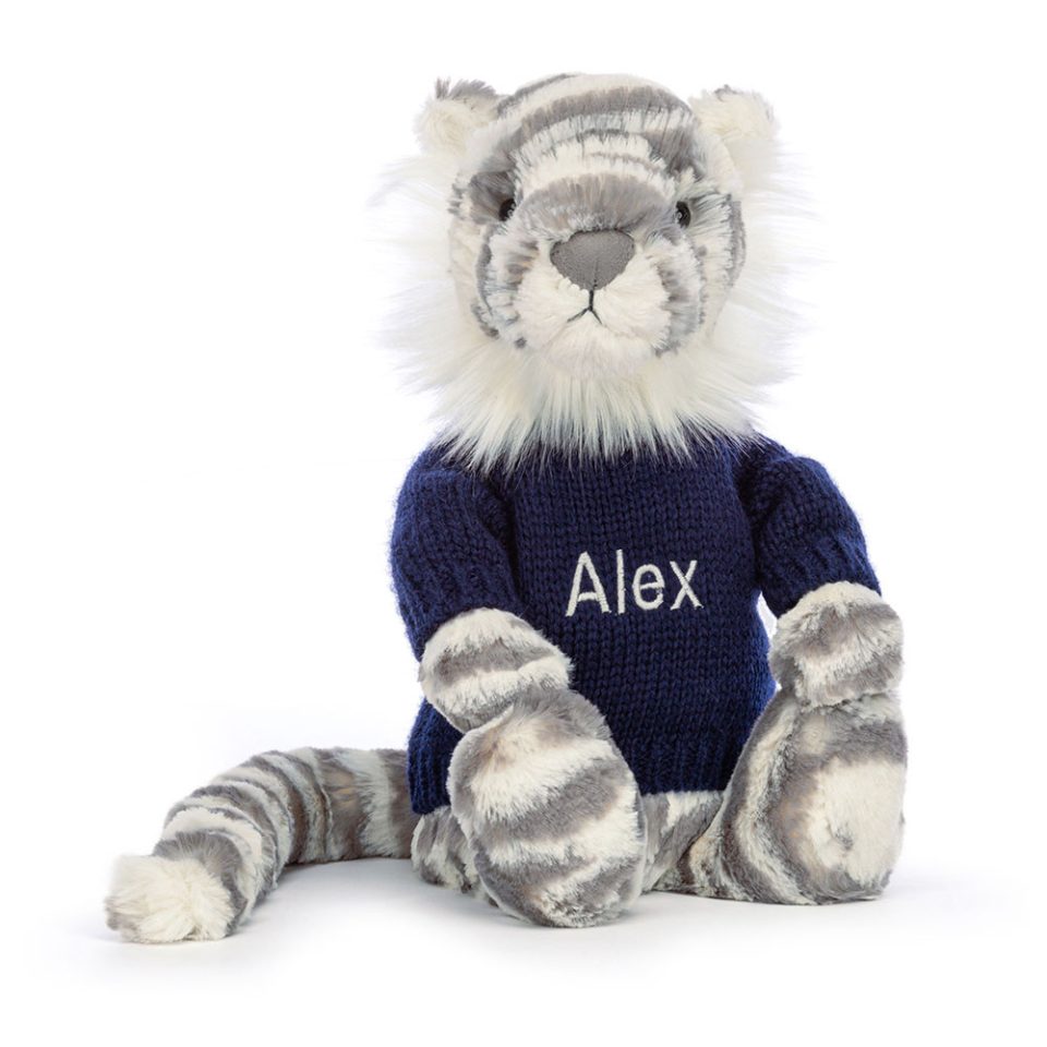 Bashful Snow Tiger with Personalised Navy Jumper